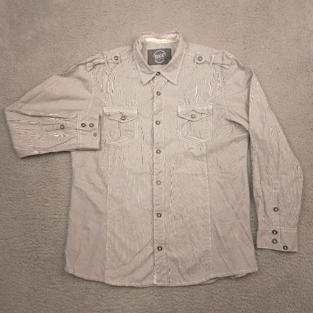 BKE Standard Fit Striped Military‎ Style Button-Up Shirt Mens XL Gray Cotton